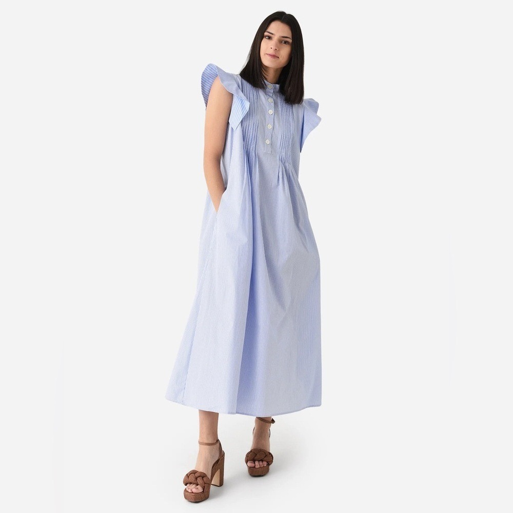 Evi Grintela Mona Ruffle Sleeve Flared Midi Length Shirt Dress Blue Stripe XS